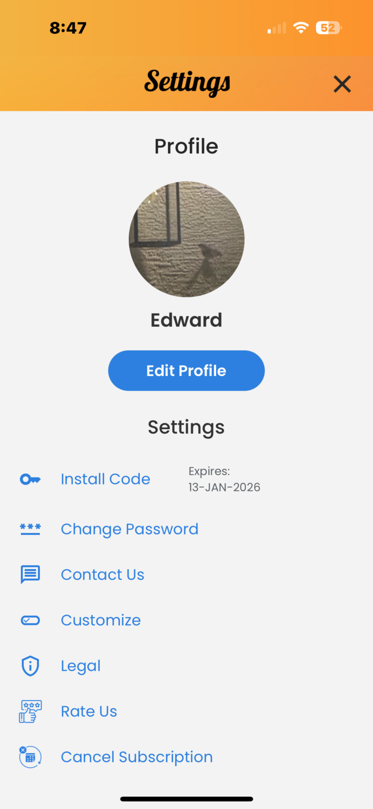 Handshook app settings screen